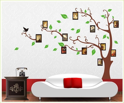 Pegatina de Pared Árbol de Fotos DIY PVC Removible Rama Marrón Hoja Verde Pájaro Negro Decoración Hogar Sala de Estar Dormitorio Mural