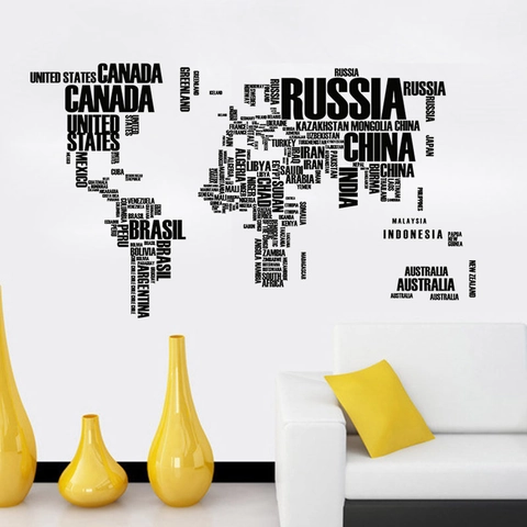 Adesivo da Parete Creativo Mappa del Mondo Tipografia in PVC Rimovibile Lettere Inglesi per Soggiorno Ufficio Decorazione Parete