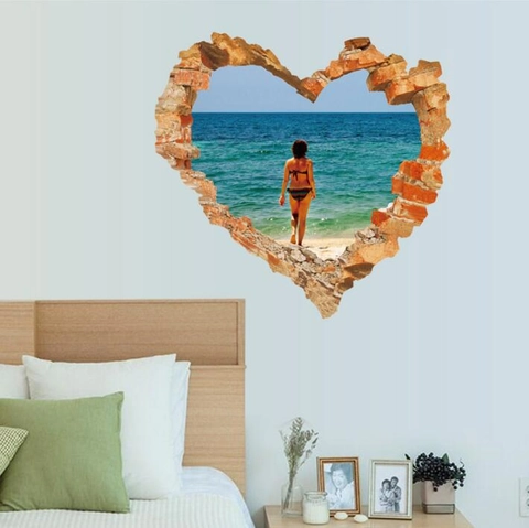 3D Gebrochene Wand Herz Aufkleber Wasserdicht PVC Strand Meerblick Wandbild Dekor Für Badezimmer Schlafzimmer Wohnzimmer