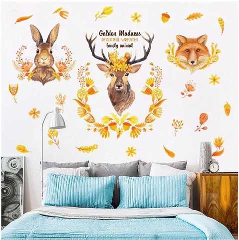 Forest Animal Wall Stickers Removable PVC Watercolor Rabbit Deer Fox Floral Wreath Leaf Decals For Kids Room Bedroom Home Decor