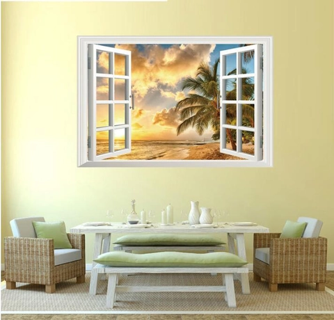 Vinilo Decorativo 3D Vista de Ventana Playa al Atardecer PVC Impermeable Autoadhesivo Paisaje Tropical para Decoración de Sala de Estar