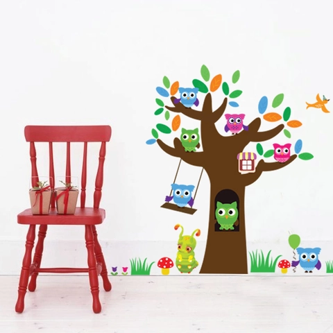 Adesivi Murali Cartone Animato Gufo Albero Per Cameretta Bambini Asilo Rimovibile PVC Animali Foresta Decorazione Casa