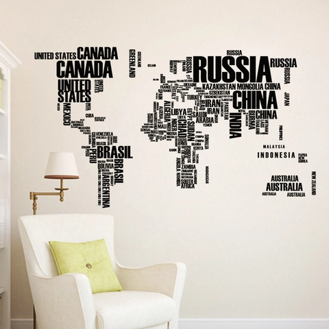Adesivo da Parete Creativo Mappa del Mondo Tipografia in PVC Rimovibile Lettere Inglesi per Soggiorno Ufficio Decorazione Parete