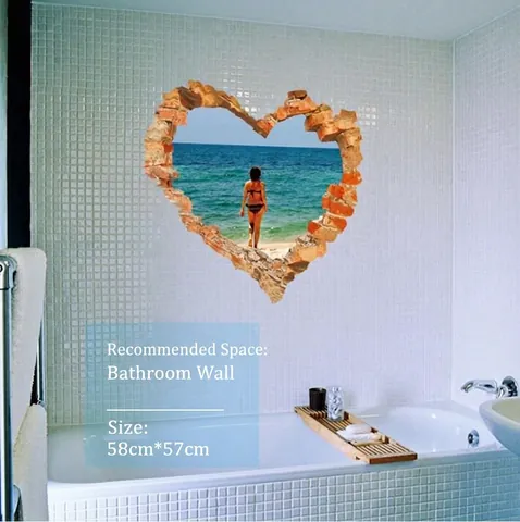 3D Gebrochene Wand Herz Aufkleber Wasserdicht PVC Strand Meerblick Wandbild Dekor Für Badezimmer Schlafzimmer Wohnzimmer