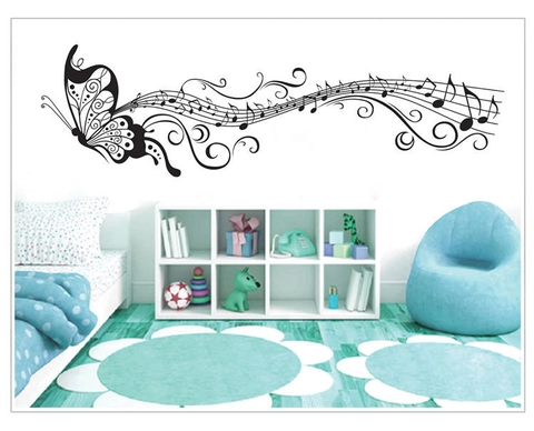 Schwarze Schmetterling Musiknoten Wandaufkleber Abnehmbarer PVC Notensystem Wandbild Aufkleber Für Wohnzimmer Musikzimmer Dekor