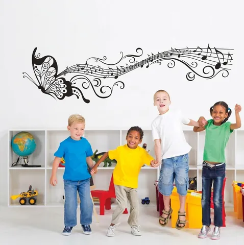 Schwarze Schmetterling Musiknoten Wandaufkleber Abnehmbarer PVC Notensystem Wandbild Aufkleber Für Wohnzimmer Musikzimmer Dekor