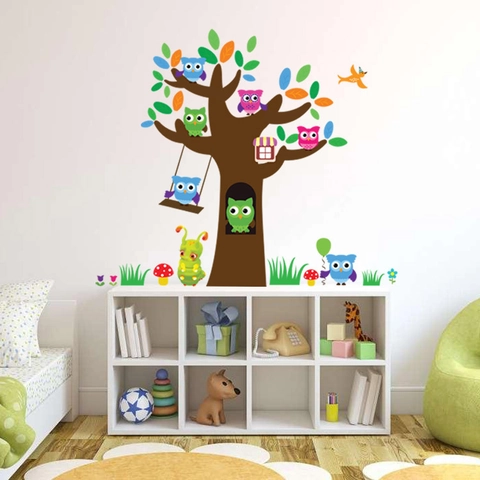 Adesivi Murali Cartone Animato Gufo Albero Per Cameretta Bambini Asilo Rimovibile PVC Animali Foresta Decorazione Casa