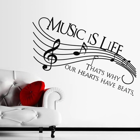 Vinilo de Pared Frase Music Is Life Removible PVC Notas Musicales Pentagramma Patrón Latido Corazón Calcomanía para Salón Hogar