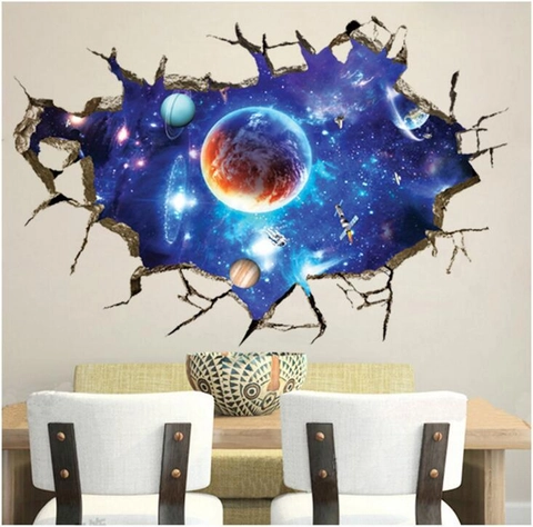 3D Weltraum Planet Gebrochene Wand Effekt Wandtattoo PVC Abnehmbar Universum Galaxie Aufkleber Für Wohnzimmer Schlafzimmer
