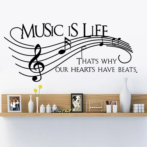 Vinilo de Pared Frase Music Is Life Removible PVC Notas Musicales Pentagramma Patrón Latido Corazón Calcomanía para Salón Hogar