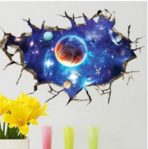 3D Weltraum Planet Gebrochene Wand Effekt Wandtattoo PVC Abnehmbar Universum Galaxie Aufkleber Für Wohnzimmer Schlafzimmer