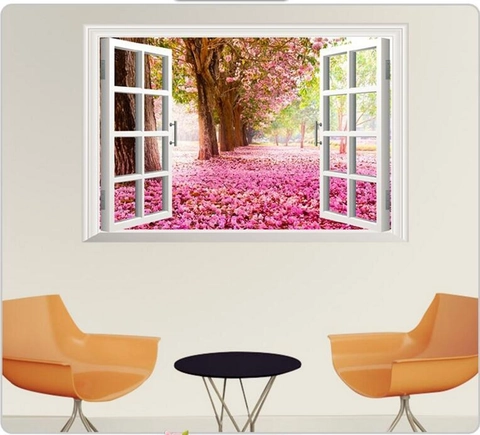 Adesivo da Parete 3D Vista Finestra Paesaggio Foresta di Fiori Rosa Decorazione Murale in PVC Removibile per Soggiorno Camera da Letto