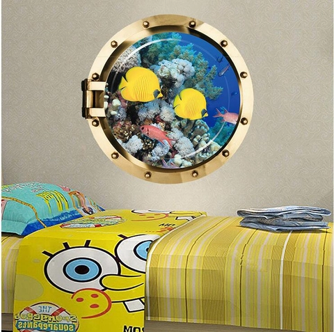 Pegatina de Pared 3D Ojo de Buey de Submarino Mundo Oceánico Impermeable PVC Extraíble Peces Tropicales Decoración Ventana