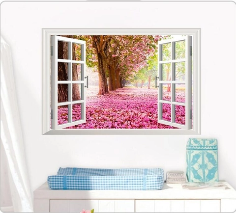 Adesivo da Parete 3D Vista Finestra Paesaggio Foresta di Fiori Rosa Decorazione Murale in PVC Removibile per Soggiorno Camera da Letto
