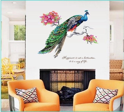 Pegatinas de Pared de Pavo Real de PVC Removibles Calcomanías de Pared Creativas de Rama Floral Cita Inspiradora Hogar