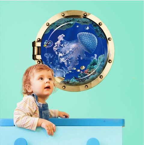 Pegatina de Pared 3D Ojo de Buey Mundo Oceánico Removible PVC Medusa Peces Tropicales Decoración Submarina para Cuarto de Niños