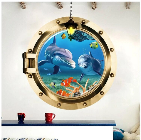 3D Ojo de Buey de Submarino Delfín Vinilo Decorativo PVC Mundo Submarino Impermeable Para Habitación Infantil Decoración