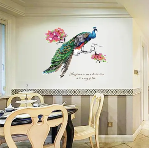 Pegatinas de Pared de Pavo Real de PVC Removibles Calcomanías de Pared Creativas de Rama Floral Cita Inspiradora Hogar