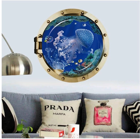Pegatina de Pared 3D Ojo de Buey Mundo Oceánico Removible PVC Medusa Peces Tropicales Decoración Submarina para Cuarto de Niños