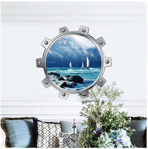 3D Window View Ocean Wall Sticker PVC Porthole Sailboat Seascape Decal Waterproof Removable Home Living Room Decor