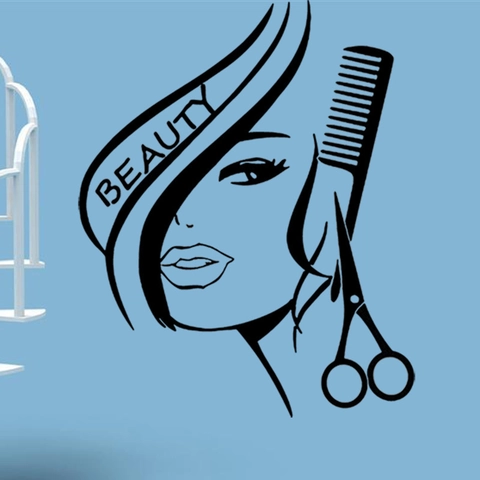 Beauty Hair Salon Wall Sticker Woman Silhouette With Scissors Comb Artistic PVC Waterproof Decal For Barber Shop Decoration