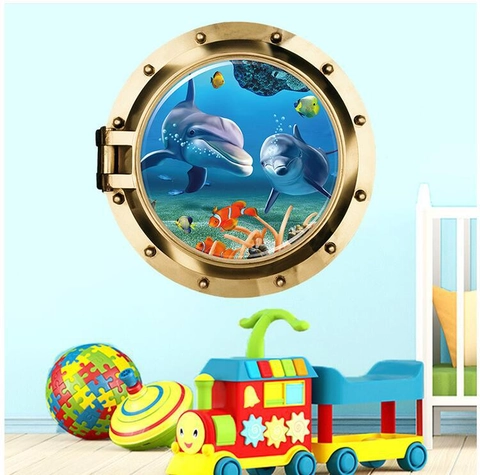 3D Ojo de Buey de Submarino Delfín Vinilo Decorativo PVC Mundo Submarino Impermeable Para Habitación Infantil Decoración
