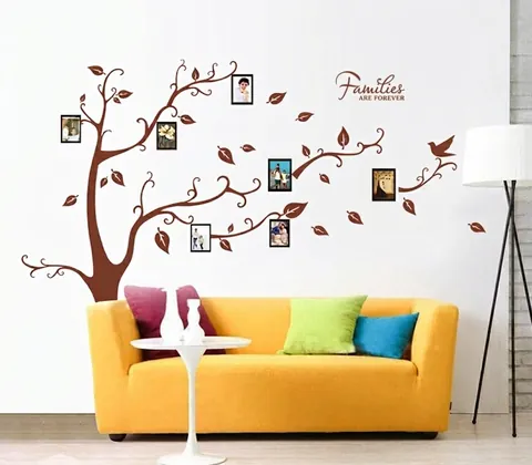 Grand Sticker Mural Arbre Photo de Famille Amovible PVC Marron Branche d'Arbre Feuilles Oiseau Cadre Murale Salon Décoration Maison