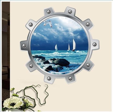 3D Window View Ocean Wall Sticker PVC Porthole Sailboat Seascape Decal Waterproof Removable Home Living Room Decor