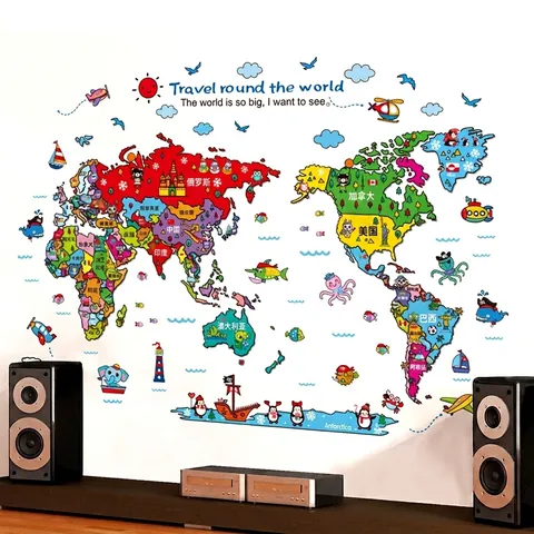 Pegatina de Pared Mapa del Mundo Animales Dibujos Animados Colorido Impermeable Removible PVC Calcomanía Para Habitación de Niños Aula