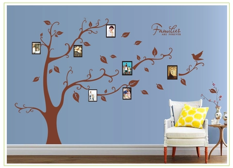 Grand Sticker Mural Arbre Photo de Famille Amovible PVC Marron Branche d'Arbre Feuilles Oiseau Cadre Murale Salon Décoration Maison