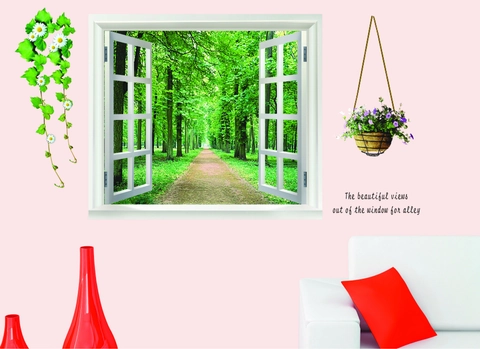 3D Falsches Fenster Wald Landschaft Wandtattoo Abnehmbare PVC Natur Grüne Baum Pfad Wandaufkleber Für Wohnzimmer Deko