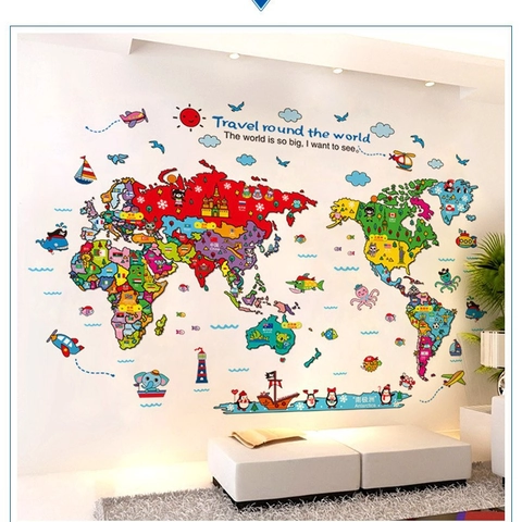 Pegatina de Pared Mapa del Mundo Animales Dibujos Animados Colorido Impermeable Removible PVC Calcomanía Para Habitación de Niños Aula