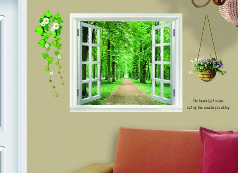 3D Falsches Fenster Wald Landschaft Wandtattoo Abnehmbare PVC Natur Grüne Baum Pfad Wandaufkleber Für Wohnzimmer Deko