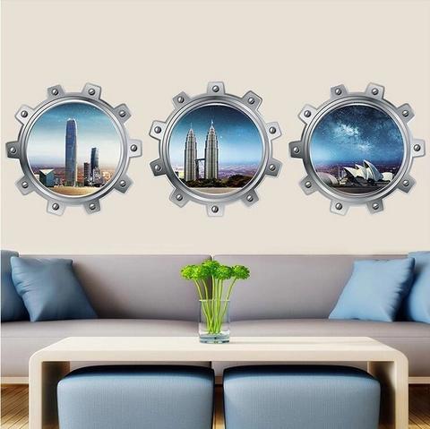 3D Submarine Window Wall Decal Porthole City Landscape Hong Kong Sydney Kuala Lumpur Landmark PVC Waterproof Wall Sticker Home Decor