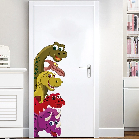 Cartoon Dinosauriër Muurstickers Voor Kinderkamer Slaapkamer Deur Decor Waterdicht PVC Veelkleurig Dier Muursticker Verwijderbaar Kunst
