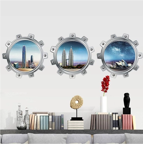 3D Submarine Window Wall Decal Porthole City Landscape Hong Kong Sydney Kuala Lumpur Landmark PVC Waterproof Wall Sticker Home Decor