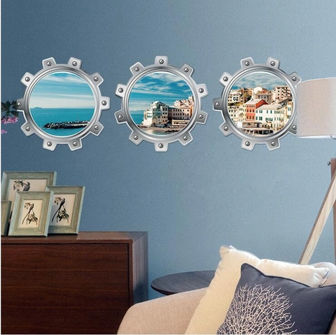 Juego de 3 Piezas Pegatinas de Pared 3D Ojo de Buey Vista al Mar Ventana Falsa Paisaje Marino Calcomanías de PVC Impermeables