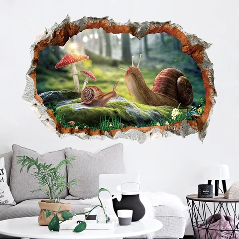 Adesivo Murale 3D Muro Rotto Lumaca Fungo Foresta in PVC Impermeabile Autoadesivo Murale per Camera da Letto Soggiorno Decorazione Casa