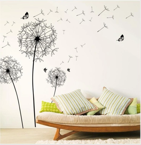 Zwarte Paardenbloem Vlinder Verwijderbare Muurstickers PVC Waterdichte Muurtekens Voor Woonkamer Slaapkamer Huisdecoratie