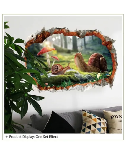 Adesivo Murale 3D Muro Rotto Lumaca Fungo Foresta in PVC Impermeabile Autoadesivo Murale per Camera da Letto Soggiorno Decorazione Casa