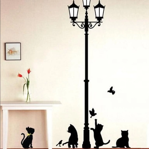 Black Cat Street Lamp Silhouette Wall Sticker Removable PVC DIY Mural Decal For Kids Room Nursery Home Decoration