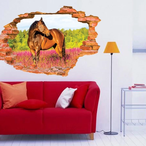 Adesivo da Parete 3D Muro Spezzato Cavallo PVC Impermeabile Paesaggio Animale Murale Decalcomania per Soggiorno Camera Decorazione