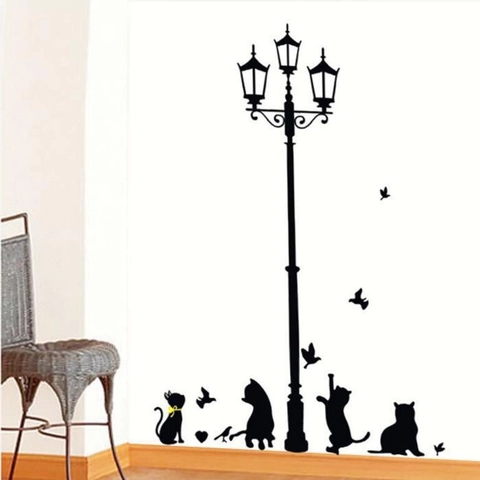 Black Cat Street Lamp Silhouette Wall Sticker Removable PVC DIY Mural Decal For Kids Room Nursery Home Decoration