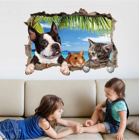 3D Gebrochene Wand Tier Wandtattoo Katze Hund Hamster Tropischer Strandblick Wasserdichtes PVC Abnehmbares Dekor