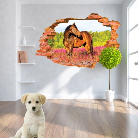 Adesivo da Parete 3D Muro Spezzato Cavallo PVC Impermeabile Paesaggio Animale Murale Decalcomania per Soggiorno Camera Decorazione