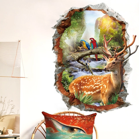 3D Broken Wall Sika Deer Forest Landscape Wall Sticker PVC Waterproof Self Adhesive Parrot Waterfall Art Mural For Home