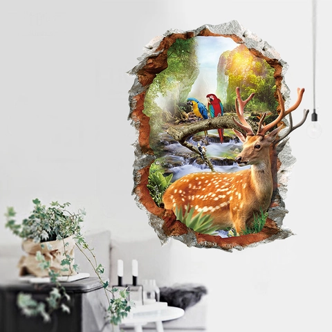 3D Broken Wall Sika Deer Forest Landscape Wall Sticker PVC Waterproof Self Adhesive Parrot Waterfall Art Mural For Home