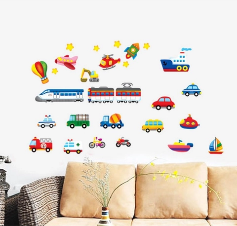 Vehículos de Dibujos Animados Mar Tierra Aire Pegatinas de Pared de PVC Extraíbles Para Habitación de Niños Jardín de Infancia Mural Decorativo