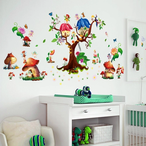 Cartone Animato Fata Albero Casa Fungo Adesivo da Parete Rimovibile PVC Impermeabile DIY Foresta Tema Decalcomania per Cameretta Bambini