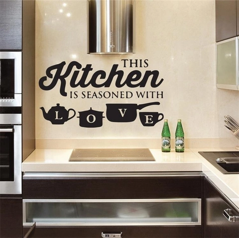 Kitchen Wall Decal Waterproof Removable PVC Vinyl Quote This Kitchen Is Seasoned With Love Utensils Home Decor Sticker